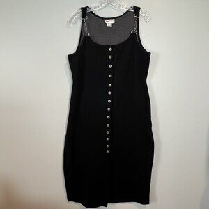 Vintage 90s Cristina Black Ribbed Overall Dress Size Medium Button Down Goth